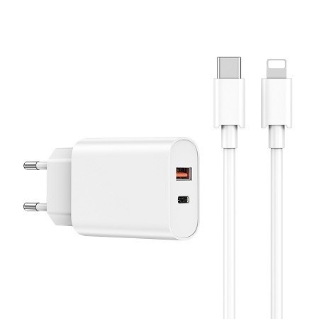 تصویر  CHARGER 20 W QUICK 2 IN 1 PD+QC FAST CHARGER + TYPE-C TO IPH CABLE WI-U002 WHITE